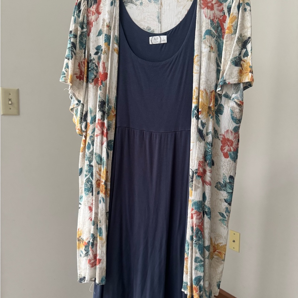 Maurices Navy Blue Dress with Floral Kimono